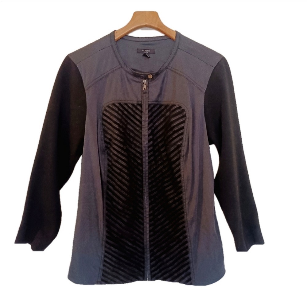 Alfani Jacket Women 16W Gray Black Genuine Leather Mixed Media Zip Up Quilted